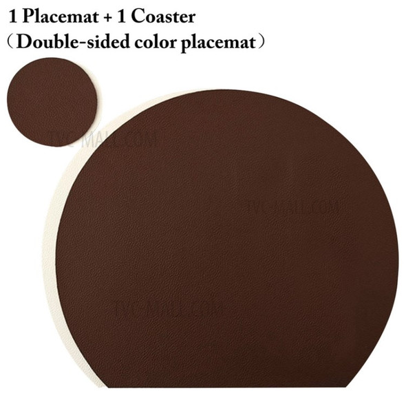 Semi Circle Tablemat Leather Placemat Non-Slip Heat Insulation Dining Table Pad Round Cup Coaster - Coffee/White