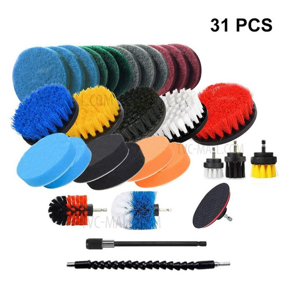 31Pcs/Set Electric Drill Brush Include Clean Cloth Scrub Pads Sponge Power Scrubber Brush with Rotate Extend Long Attachment Clean Tool