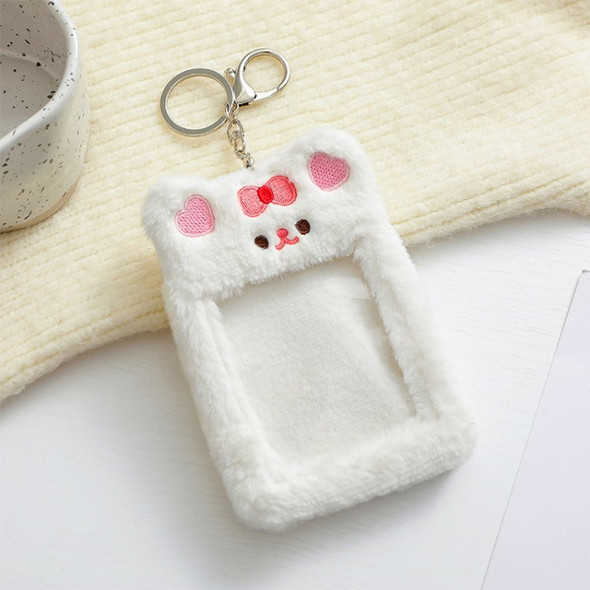 Cartoon Plush Card Holder Pocket Bus Card Sleeve Cute Card Holder Case with Keychain - White