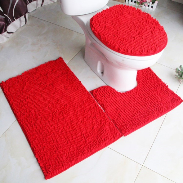 3 Pcs Chenille Bath Mat Set Extra-Soft Plush Non-Slip Bathroom Rug Water Absorbent Carpet - Red