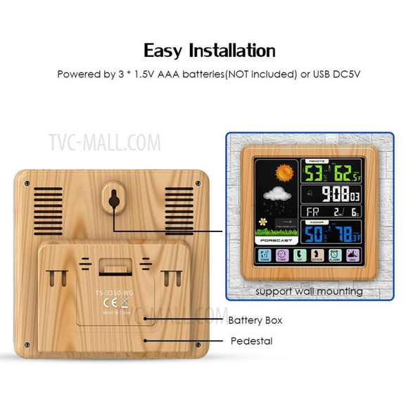 Touch LCD Screen Wireless Weather Station Alarm Clock Home Thermometer Hygrometer with USB Charging Function - Wood Color