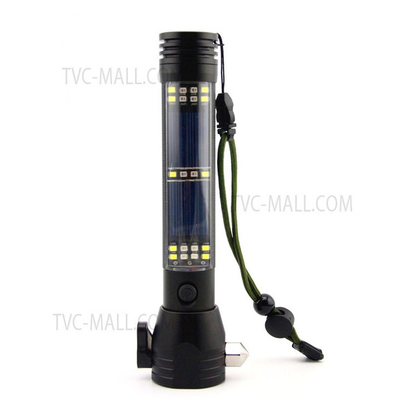 T09-2 Multi-Functional Emergency Car Flashlight Fire Rescue Solar Strong Light Flashlight - Black