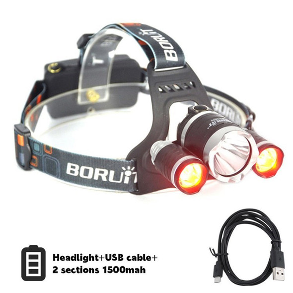 BORUIT RJ-3000 3000 Lumens Red LED Headlamp 3 Lighting Modes 400 Meters Range Camping Flashlight - 2 x 1500mAh Battery