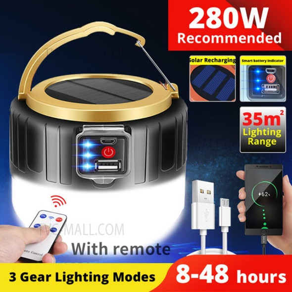 280W Solar Powered Outdoor Camping Light Night Lamp Phone Charger Power Bank Bright Work Light - 280W/with Remote Control