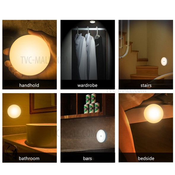 Motion Sensor LEDs Night Light USB Rechargeable Human Body Induction Round Night Lamp for Bedside Wardrobe Stairs Cabinet - White