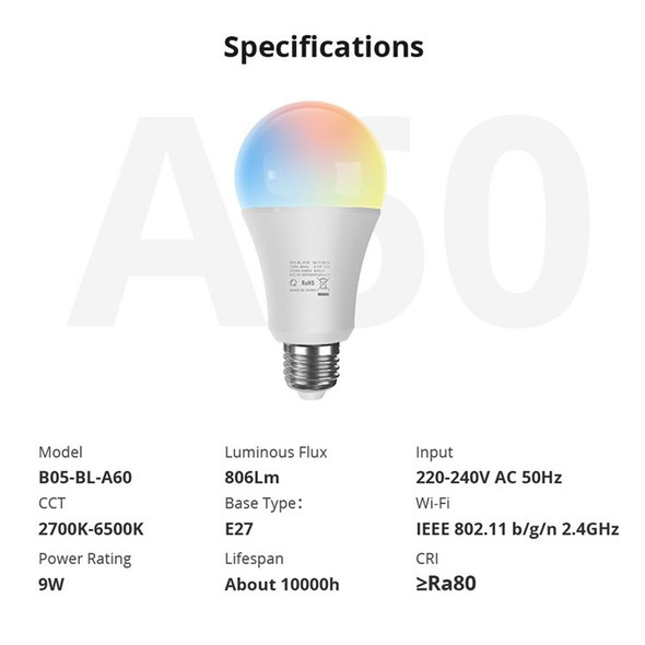 Smart Bulb E27 RGB Color Changing WiFi Light 9W 806LM 2700K-6500K LED Bulb Compatible with Alexa/Hey Google/IFTTT/HomeKit via "eWeLink" APP