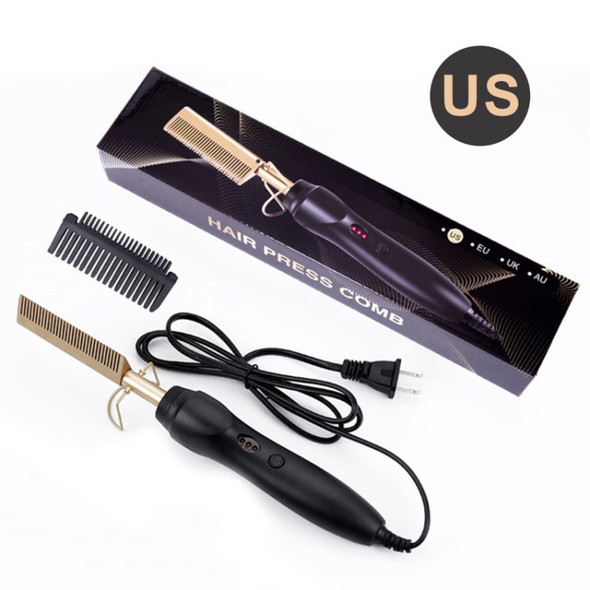 Anti-scald Electric Curling Comb Stick Wet Dry Hair Straightener Comb Curling Iron - Gold/US Plug