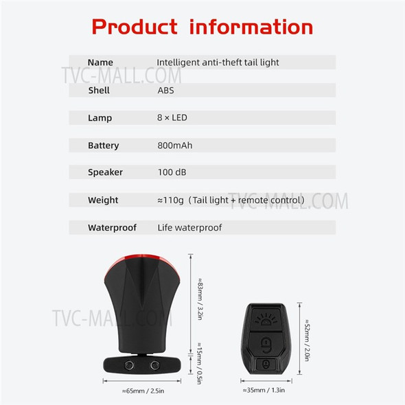 Intelligent Anti-theft Wireless Remote Control Waterproof Bicycle Tail Lamp Alarm Bike Tail Light