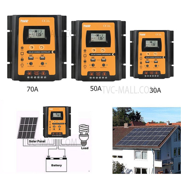 POWMR LCD Display PWM Solar Charge Controller 12V/24V Solar Panel IP32 PV Battery Charge Timer Regulator with Dual USB Port - 50A