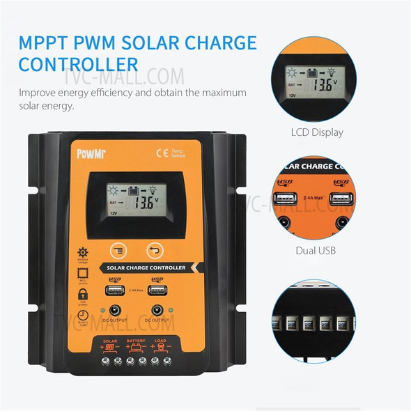 POWMR LCD Display PWM Solar Charge Controller 12V/24V Solar Panel IP32 PV Battery Charge Timer Regulator with Dual USB Port - 50A