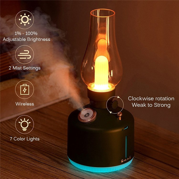 USB Rechargeable Mist Lantern Portable LED Retro Style Flameless Camping Tent Light with Air Humidifier - Black