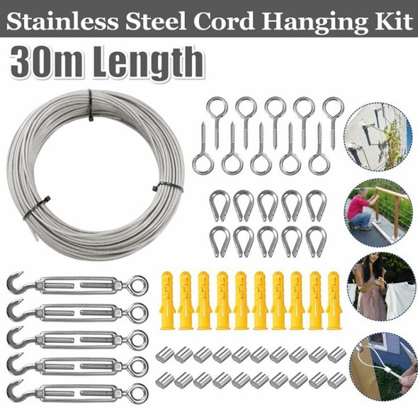56Pcs / Set 30m Tent Rope Flexible Soft Stainless Steel Cable Clothesline Kit for Chandeliers Ball Light Clothing