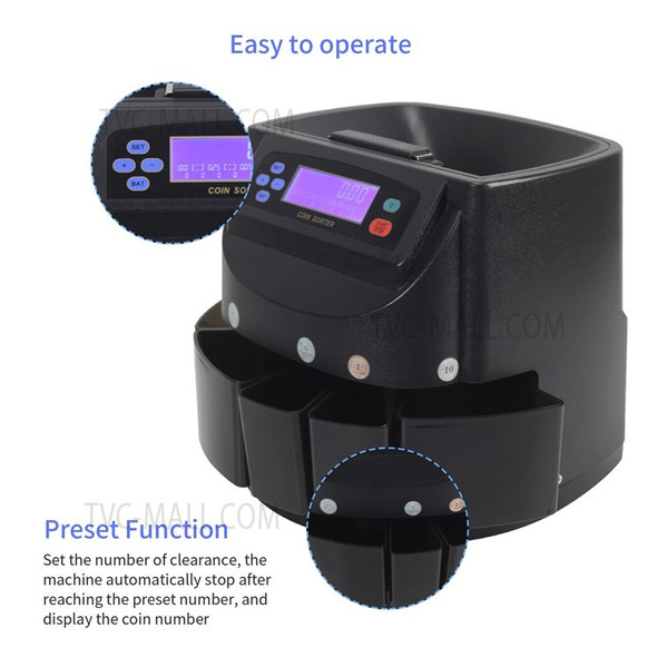 Electronic Coin Sorter Counter Counting Sorting Machine Countable USD Coins with Easy-to-read 7 Digit LED Display - Black