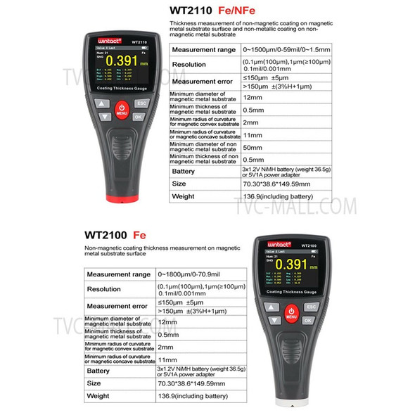 WINTACT WT2100 Iron-Aluminum Base 2 in 1 Galvanized Coating Thickness Gauge Handheld Automotive Paint Thickness Measurement