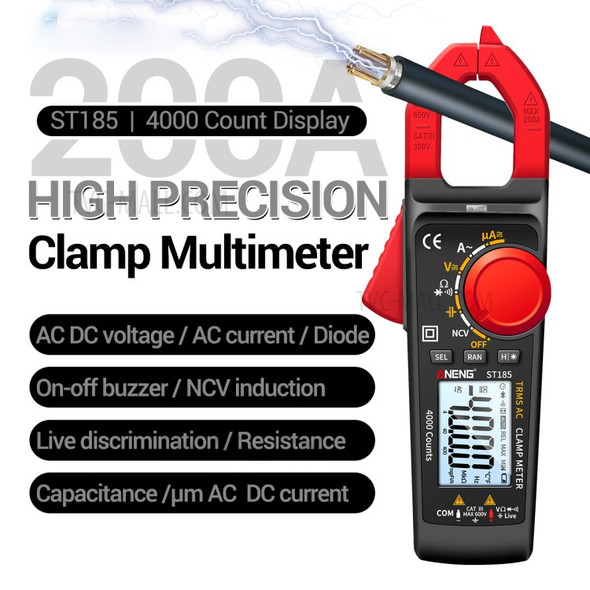 ANENG ST185 Clamp Digital Meter Multimeter 4000 Counts True RMS 200A Ammeter Voltage Tester - Black/Red