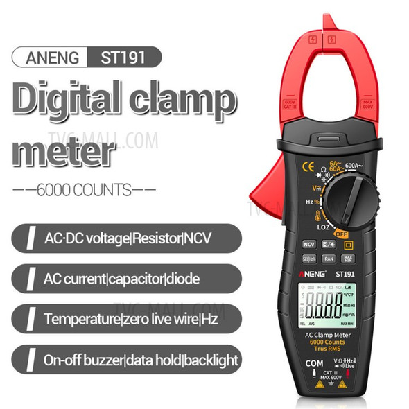 ANENG ST191 Clamp Multimeter High Precision True RMS 6000 Counts Meter AC/DC Voltage Voltmeter Auto Range Tester (No DC Current) - Black/Red