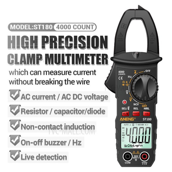 ANENG ST180 4000 Counts Digital Clamp Meter AC Current Multimeter Ammeter Voltage Tester - Black