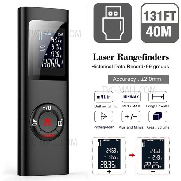 40m Multifunctional LCD Digital Laser Meter Mini Smart Rangefinder Portable Distance Measuring Tool Support USB Charging - Black