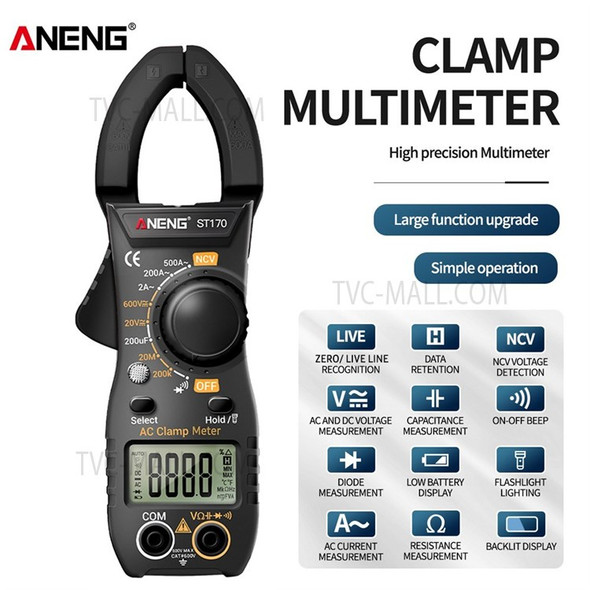 ANENG ST170 Digital Clamp Meter Multimeter 1999 Counts AC DC Smart Clamp Meter, Auto-ranging Measure Resistance - Black