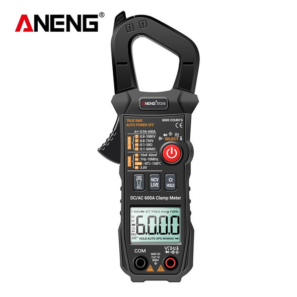 ANENG Digital Clamp Meter AC/DC Voltage Current Tester Auto-Ranging Temperature Capacitance Resistance Diodes Continuity Test - Black
