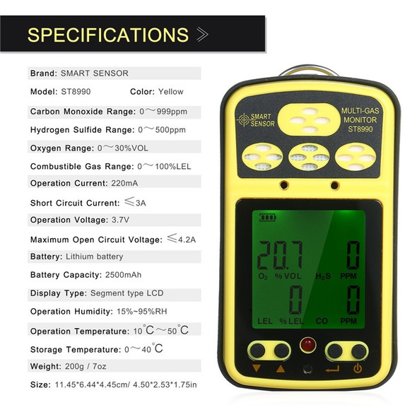 SMART SENSOR ST8990 Portable Multi Gas Detector 4-in-1 O2 LEL CO H2S Gas Detector Tester Monitor with Digital LCD Display - Yellow / EU Plug