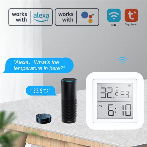 Tuya WiFi Digital Thermometer Hygrometer LCD Display Screen Fahrenheit / Celsius Switch Temperature Humidity Time Display Linkage Sensors Compatible with Alexa Google Home