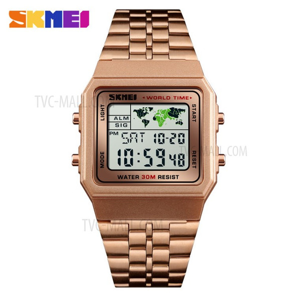 SKMEI LED Digital Men's Watch Waterproof World Time Stainless Steel Band - Rose Gold