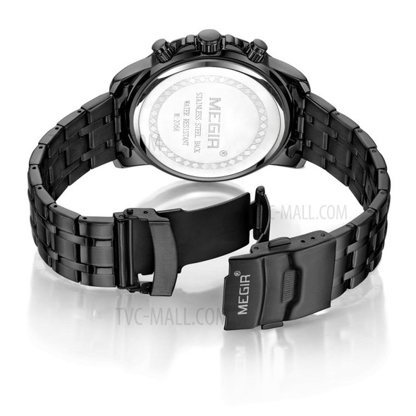 MEGIR Waterproof Men Chronograph Quartz Wrist Watch Steel Band - Black