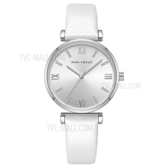 MINI FOCUS Fashion Casual Ladies Watches Crystal Dial Quartz Watch Women Leather Strap Wristwatch - White