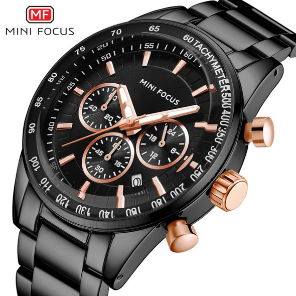 MINI FOCUS 0187G Men Waterproof Fashion Quartz Watch Stainless Steel Strap Luminous Watch - Black