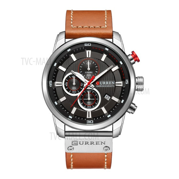 CURREN Men's Fashionable Watch 6-Pin Quartz Watch Leather Strap Automatic Date Indicator Watch - White/Black