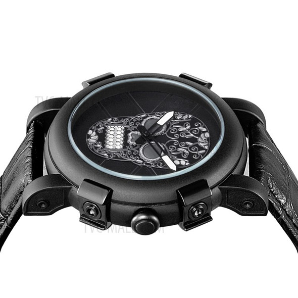 SKONE 9479G Skull Pattern Dial Luminous Pointer Leather Strap Waterproof Quartz Watch Men Wristwatch - All Black