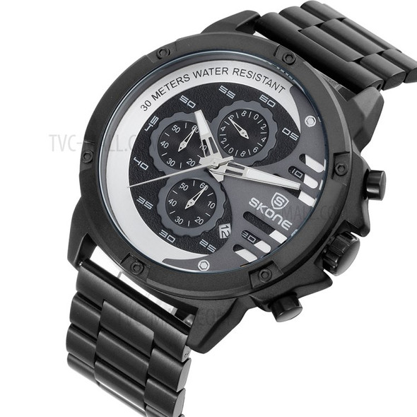 SKONE 7466 Fashion Men's Quartz Wrist Watch Steel Strap Waterproof Watch - Black
