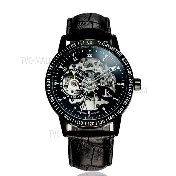 IKCOLOURING Waterproof Men Hollow Automatic Mechanical Movement Watch - Black/Black/Silver/Black Leather Band