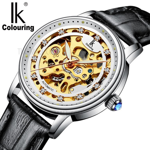 IKCOLOURING Women Luminous Mechanical Movement Watch - White/White/Gold/Black Leather Band