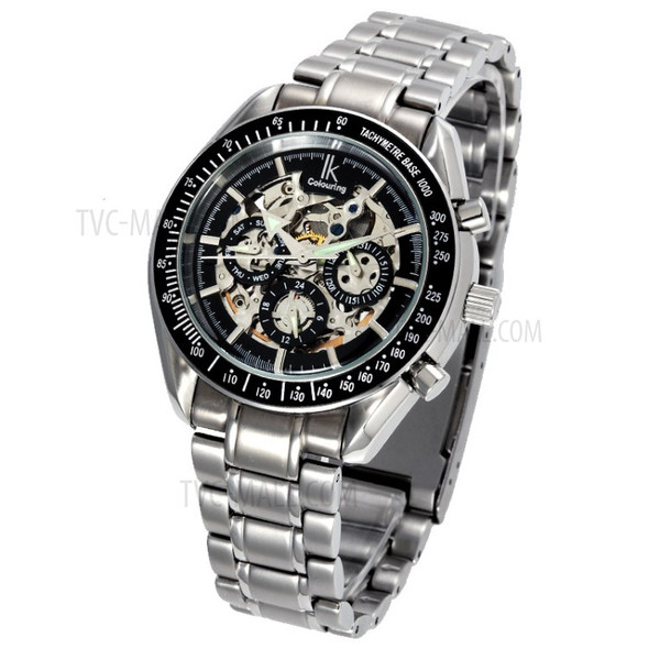 IKCOLOURING 5ATM Waterproof Hollow Automatic Mechanical Movement Watch - Black/Silver Steel Band