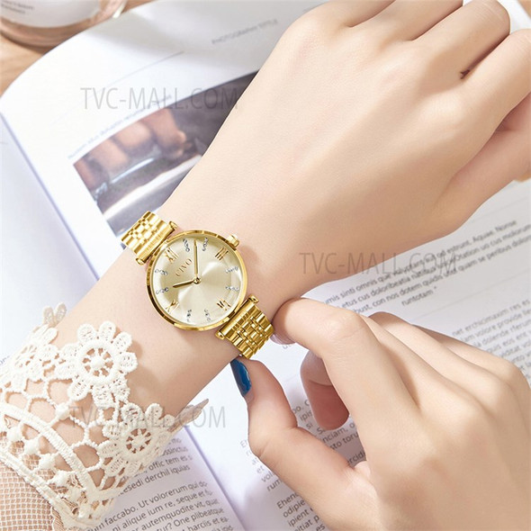 CIVO 8095 Luxury Rhinestone Analogue Women Quartz Watch Stainless Steel Strap Wrist Watch with Push Button Clasp - Gold