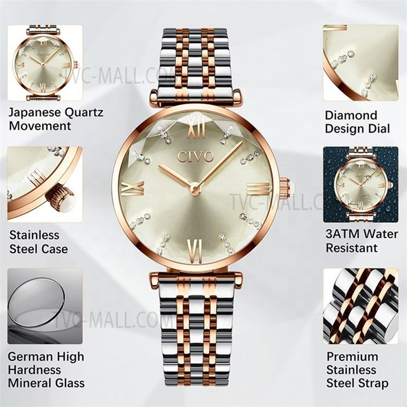 CIVO 8095 Fashion Women Shiny Rhinestone Decor Analogue Quartz Watch Stainless Steel Strap Wrist Watch - Rose Gold/Grey