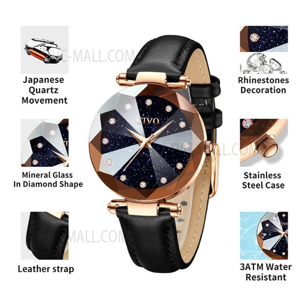 CIVO 8064C 3 ATM Waterproof No Number Analogue Rhinestone Round Dial Women Quartz Watch, Leather Band - Black