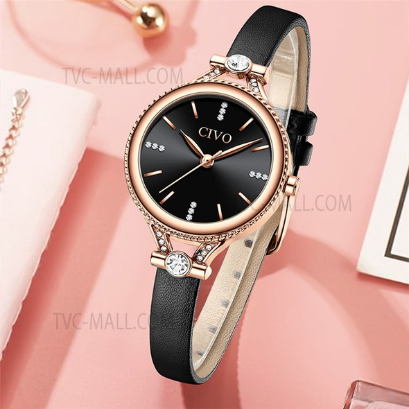 CIVO 8120 Stylish Women Water Resistant Leather Strap Quartz Wrist Watch Gift - Black