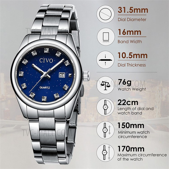 CIVO 8126 Rhinestone Decor Women Analog Quartz Watch with Date Window Stainless Steel Strap Wristwatch Gift - Silver/Silver/Starry Sky