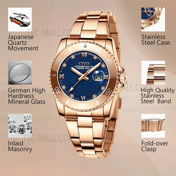 CIVO 8125 Date Display Roman Number Rhinestone Analogue Quartz Watch Stainless Steel Strap Women Wrist Watch - Rose Gold/Rose Gold/Starry Sky
