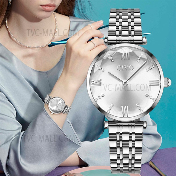 CIVO 8095 Roman Number Rhinestone Analogue Quartz Watch Stainless Steel Strap Wrist Watch for Women - Silver
