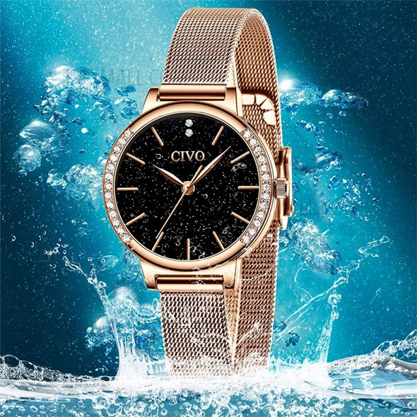 CIVO 8115 Water Resistant Women Watch Stainless Steel Strap Luminous Hands Quartz Watch with Rhinestone Decoration - Black Dial