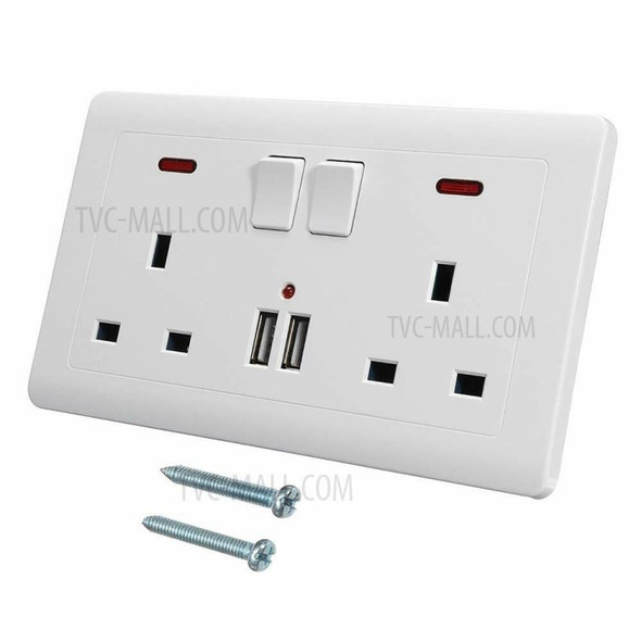Double Wall Plug Socket 2 Gang 13A 2 USB Charger Port Outlets White Plate UK Plug