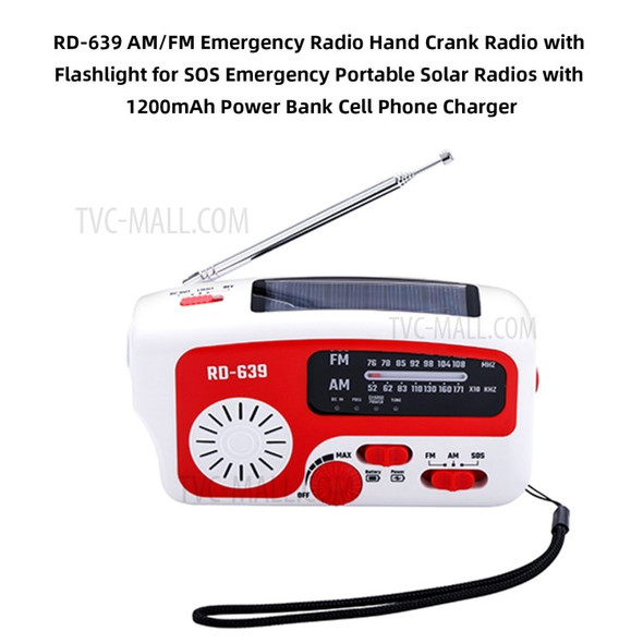 RD-639 AM/FM Emergency Radio Hand Crank Radio with Flashlight for SOS Emergency Portable Solar Radios Self Powered AM/FM Radio with 1200mAh Power Bank Cell Phone Charger USB Rechargeable Great Emergency Supplies (No Battery)