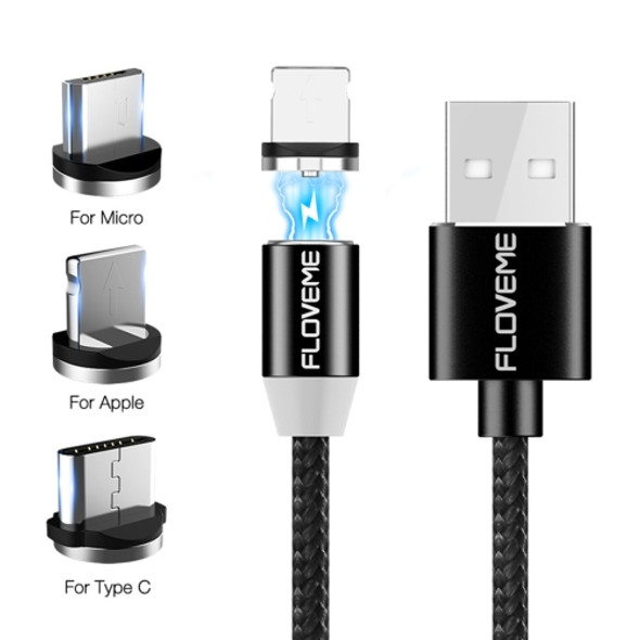 FLOVEME 1m 2A 8 Pin + Micro USB + USB-C / Type-C to USB Nylon Magnetic Charging Cable, For iPhone, iPad, Galaxy, Sony, Huawei, Xiaomi, LG, HTC, Lenovo and Other Smartphones(Black)