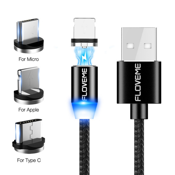 FLOVEME 1m 2A 8 Pin + Micro USB + USB-C / Type-C to USB Nylon Magnetic Charging Cable, For iPhone, iPad, Galaxy, Sony, Huawei, Xiaomi, LG, HTC, Lenovo and Other Smartphones(Black)