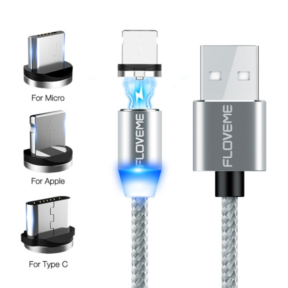 FLOVEME 1m 2A 8 Pin + Micro USB + USB-C / Type-C to USB Nylon Magnetic Charging Cable, For iPhone, iPad, Galaxy, Sony, Huawei, Xiaomi, LG, HTC, Lenovo and Other Smartphones(Silver)