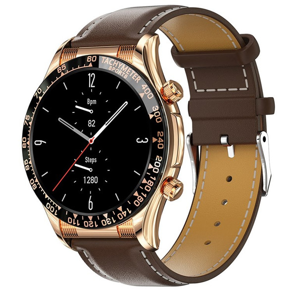 E18PRO NFC Smart Watch, 1.32 inch Screen Waterproof Bluetooth Calling Heart Rate Smart Bracelet (Leather Strap) - Gold